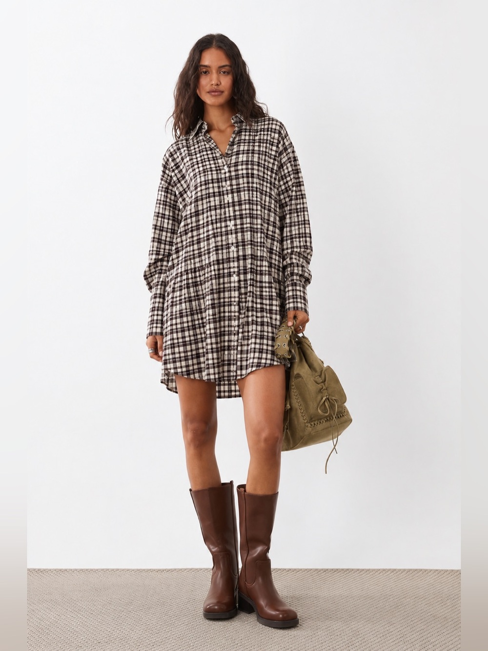 ASOS Design Brown Plaid Oversized Shirt Dress Small Size 6 Button Down Mini